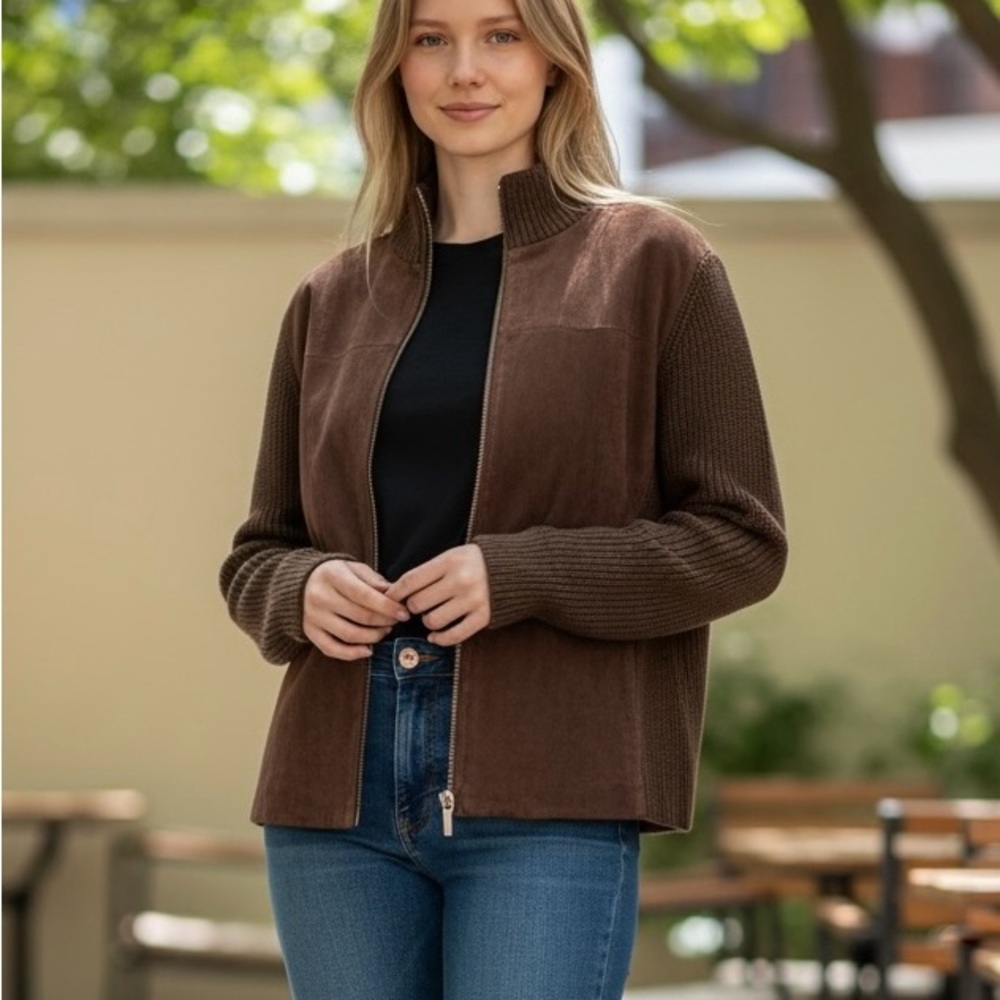 Valerie Separates Petites Women’s Brown Suede Leather Wool Bomber Jacket Sz L